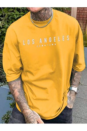 Los Angeles Downtown Süprem T-Shirt - Sarı Baskılı Oversize Bisiklet Yaka Kısa Kol Tişört
