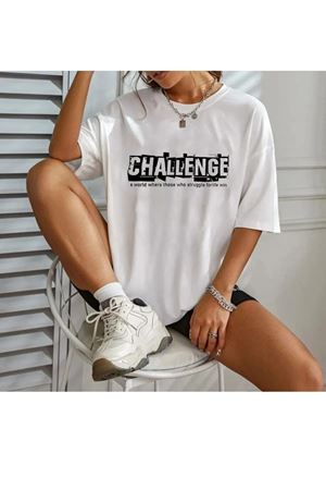 Unisex Beyaz Pamuklu Rahat Kesim Oversize T-shirt Challenge Baskılı
