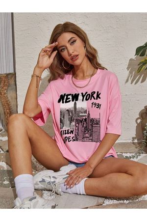 New York 1931 T-shirt - Pembe Oversize Baskılı Bisiklet Yaka