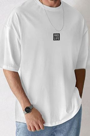 Free Life Oversize Beyaz Baskılı T-shirt - Bisiklet Yaka Kısa Kol Rahat Kalıp Tişört