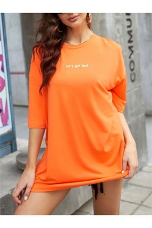 Let's Get Lost T-Shirt - Turuncu Baskılı Oversize Bisiklet Yaka Kısa Kol
