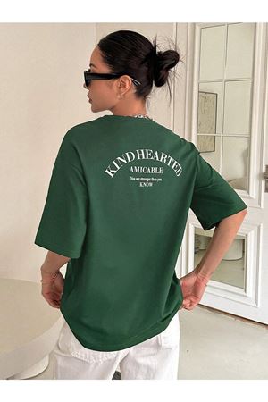 Kind Hearted T-shirt - Yeşil Baskılı Oversize Bisiklet Yaka Kısa Kol Tişört