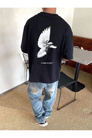 Güvercin Süprem T-Shirt - Siyah Baskılı Oversize Bisiklet Yaka Kısa Kol Tişört