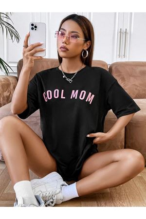 Cool Mom T-shirt - Siyah Baskılı Oversize Bisiklet Yaka Kısa Kol Tişört