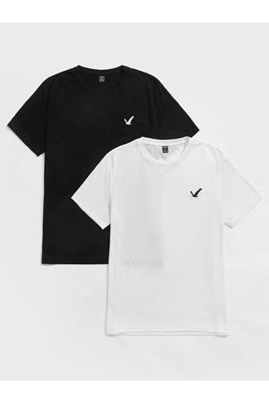Kuş Minimal 2'li Çoklu Kombin T-shirt - Siyah Beyaz Baskılı Oversize Bisiklet Yaka