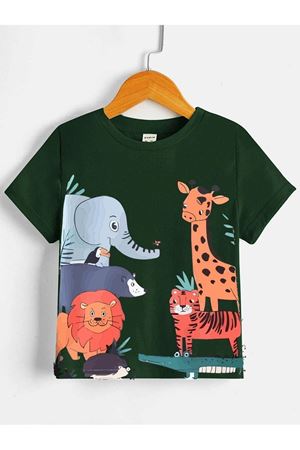 Hayvanlar Pamuklu Çocuk T-Shirt- Nefti Yeşil Baskılı Kız Erkek Çocuk Yazlık Bisiklet Yaka Tişört