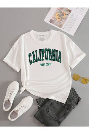 California Wc T-Shirt - Beyaz Baskılı Oversize Bisiklet Yaka Kısa Kol