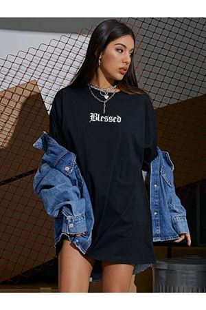 Blessed Özel Tasarım T-Shirt - Siyah Baskılı Oversize Bisiklet Yaka Kısa Kol