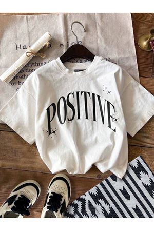 Positive Süprem T-shirt - Beyaz Baskılı Oversize Bisiklet Yaka Kısa Kol Tişört