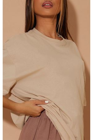 Düz Süprem T-Shirt - Bej Oversize Bisiklet Yaka Kısa Kol Tişört