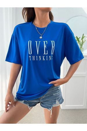 Over Thinking T-shirt - Saks Mavi Baskılı Oversize Bisiklet Yaka Kısa Kol Tişört