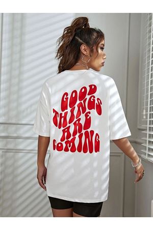 Good Things T-shirt - Beyaz Baskılı Oversize Bisiklet Yaka Kısa Kol Tişört