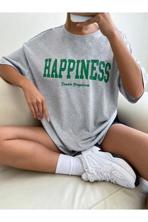 Gri Oversize Happıness Baskılı T-shirt - Oversize Unisex