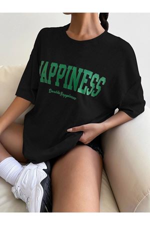 Siyah Oversize Happıness Baskılı T-shirt - Oversize Unisex