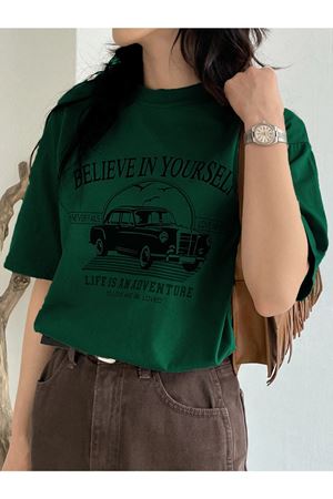 Believe In Yourself T-shirt - Yeşil Baskılı Oversize Bisiklet Yaka Kısa Kol Tişört