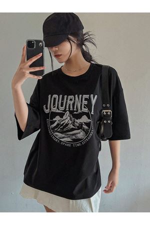 Journey Süprem T-shirt - Siyah Baskılı Oversize Bisiklet Yaka Kısa Kol Tişört