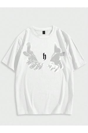 Erkek El Baskı Oversize Beyaz Baskılı T-shirt - Bisiklet Yaka Kısa Kol Rahat Kalıp Tişört