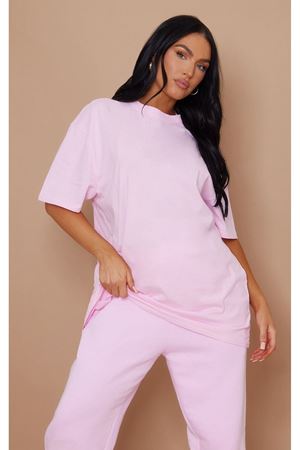 Düz Süprem T-Shirt - Pembe Oversize Bisiklet Yaka Kısa Kol Tişört
