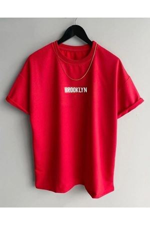 Brooklyn Minimal Yazı T-Shirt - Kırmızı Baskılı Oversize Bisiklet Yaka Kısa Kol