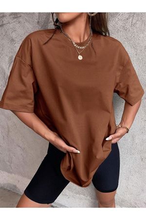 Düz Basic T-Shirt - Kahverengi Oversize Bisiklet Yaka Kısa Kol