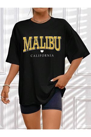 Malibu Kalp T-Shirt - Siyah Baskılı Oversize Bisiklet Yaka Kısa Kol