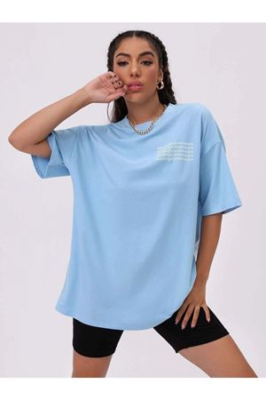 Alfabe T-Shirt - Bebe Mavisi Baskılı Oversize Bisiklet Yaka Kısa Kol
