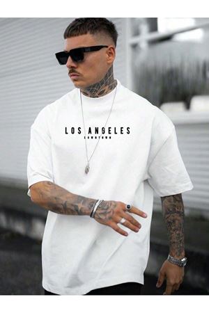 Los Angeles Downtown Süprem T-Shirt - Beyaz Baskılı Oversize Bisiklet Yaka Kısa Kol Tişört