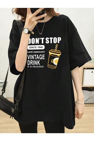 Dont Stop T-shirt - Siyah Baskılı Oversize Bisiklet Yaka Kısa Kol Tişört