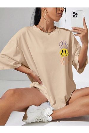 Emoji T-Shirt - Bej Baskılı Oversize Bisiklet Yaka Kısa Kol