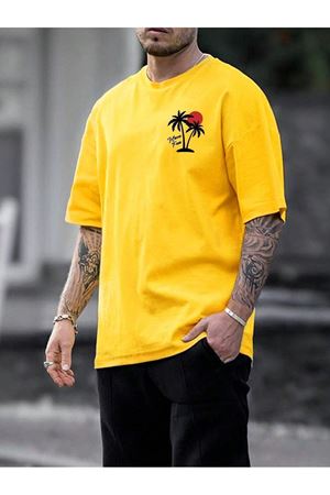 Hve Fun Palmiye Süprem T-Shirt - Sarı Baskılı Oversize Bisiklet Yaka Kısa Kol Tişört