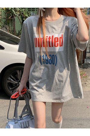 Untitled 1980 T-Shirt - Gri Baskılı Oversize Bisiklet Yaka Kısa Kol