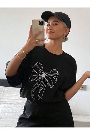 Kurdela Süprem T-shirt - Siyah Baskılı Oversize Bisiklet Yaka Kısa Kol Tişört