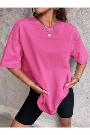 Düz Basic T-Shirt - Pembe Oversize Bisiklet Yaka Kısa Kol