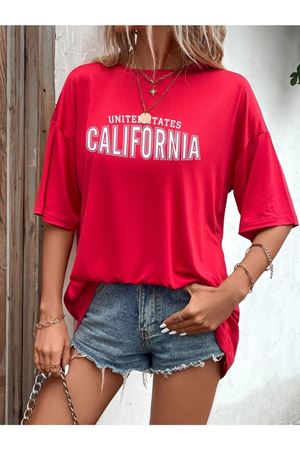 Us California T-Shirt - Kırmızı Baskılı Oversize Bisiklet Yaka Kısa Kol