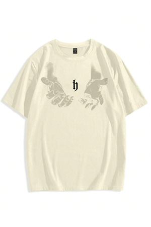 Erkek El Baskı Oversize Bej Baskılı T-shirt - Bisiklet Yaka Kısa Kol Rahat Kalıp Tişört