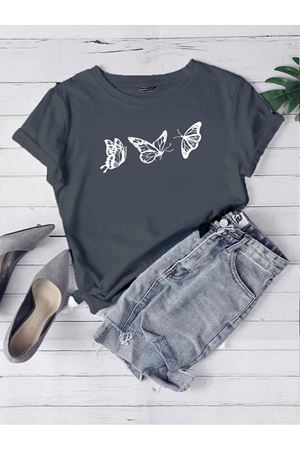 Uçan Kelebekler Süprem T-Shirt - Füme Baskılı Oversize Bisiklet Yaka Kısa Kol Tişört