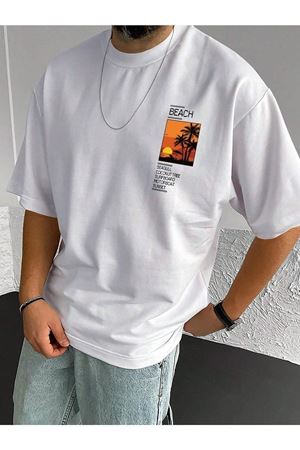 Beach Logo T-Shirt - Beyaz Baskılı Oversize Bisiklet Yaka Kısa Kol