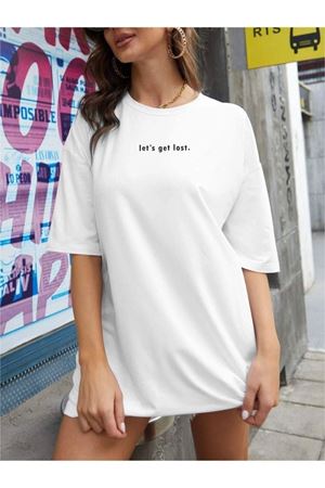Let's Get Lost T-Shirt - Beyaz Baskılı Oversize Bisiklet Yaka Kısa Kol