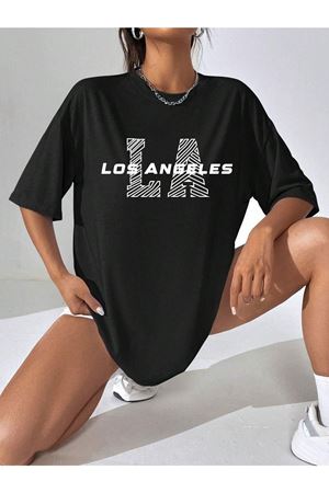 Los Angeles La Tasarım T-Shirt - Siyah Baskılı Oversize Bisiklet Yaka Kısa Kol