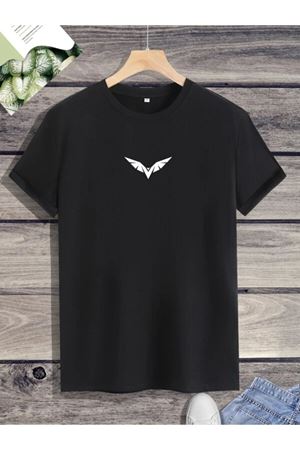 Wings T-Shirt - Siyah Baskılı Oversize Bisiklet Yaka Kısa Kol