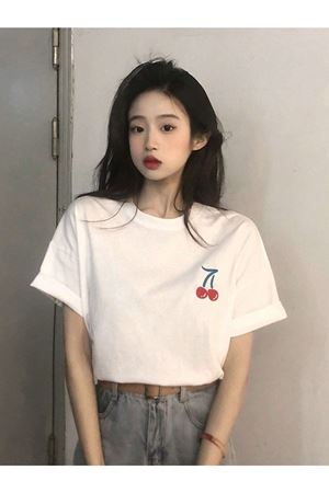 Kiraz Desen T-Shirt - Beyaz Baskılı Oversize Bisiklet Yaka Kısa Kol