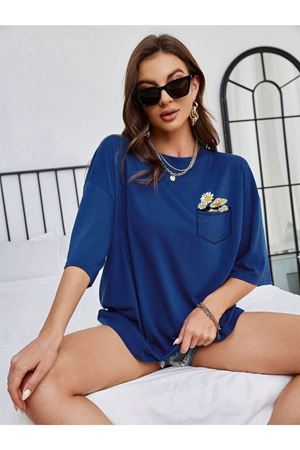 Cep Detay Baskılı T-Shirt - Sax Mavi Oversize Bisiklet Yaka Kısa Kol