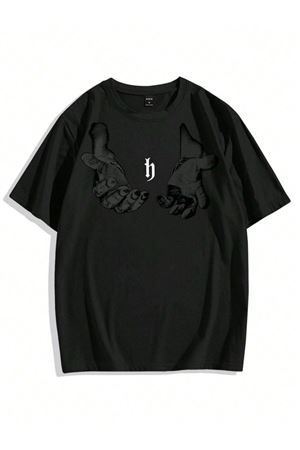 Erkek El Baskı Oversize Siyah Baskılı T-shirt - Bisiklet Yaka Kısa Kol Rahat Kalıp Tişört