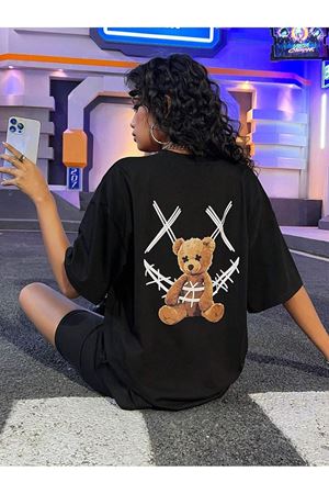 X Bear Süprem T-Shirt - Siyah Baskılı Oversize Bisiklet Yaka Kısa Kol Tişört