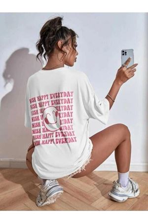 Wish Happy Süprem T-Shirt - Beyaz Baskılı Oversize Bisiklet Yaka Kısa Kol Tişört