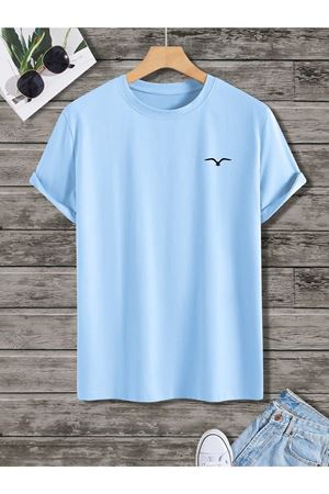 Kuş Logo Minimal T-shirt - Bebe Mavisi Oversize Baskılı Bisiklet Yaka