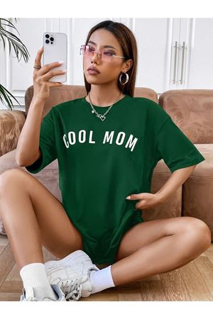Cool Mom T-shirt - Yeşil Baskılı Oversize Bisiklet Yaka Kısa Kol Tişört