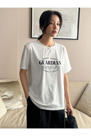 Guardian T-Shirt - Beyaz Baskılı Oversize Bisiklet Yaka Kısa Kol