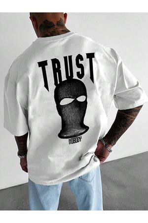 Trust Mast Süprem T-Shirt - Beyaz Baskılı Oversize Bisiklet Yaka Kısa Kol Tişört