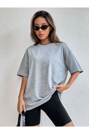 Düz Basic T-Shirt - Gri Oversize Bisiklet Yaka Kısa Kol